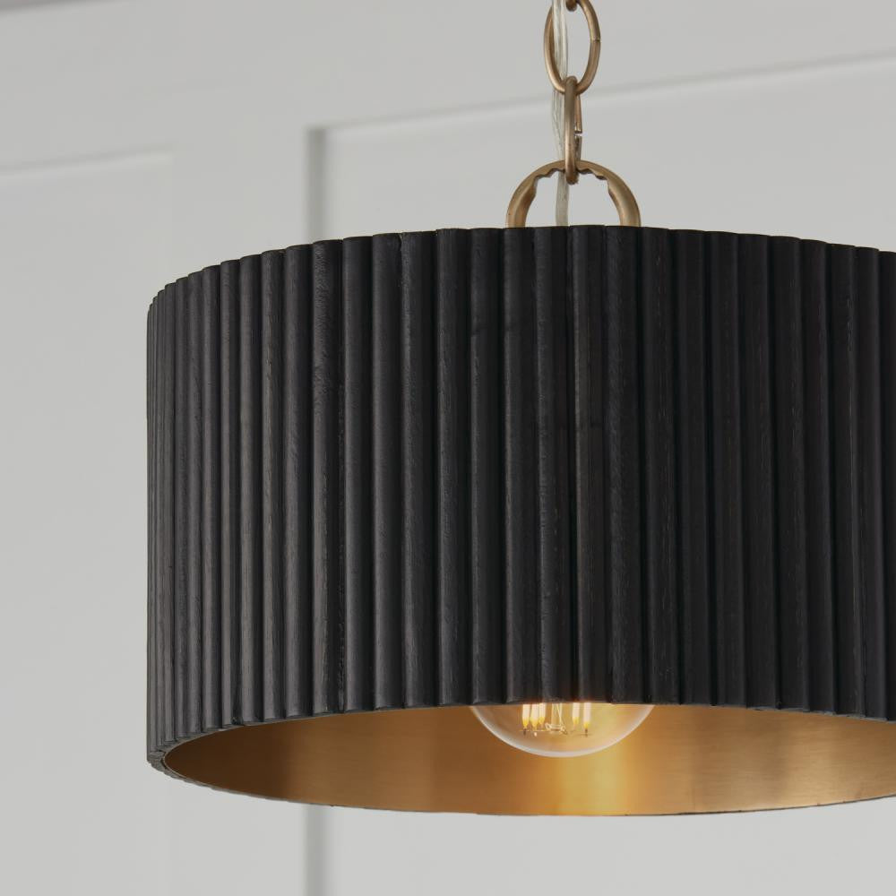 Capital 1-Light Semi-Flush Pendant in Matte Brass and Handcrafted Mango Wood in Black Stain