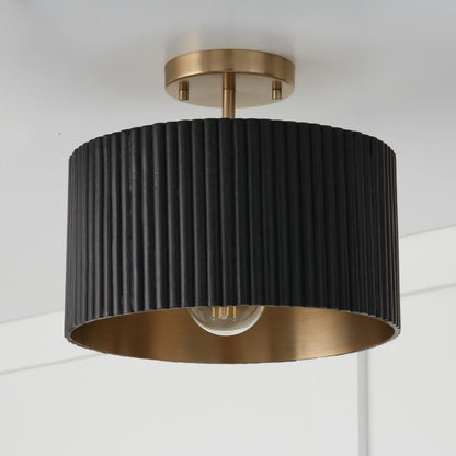Capital 1-Light Semi-Flush Pendant in Matte Brass and Handcrafted Mango Wood in Black Stain