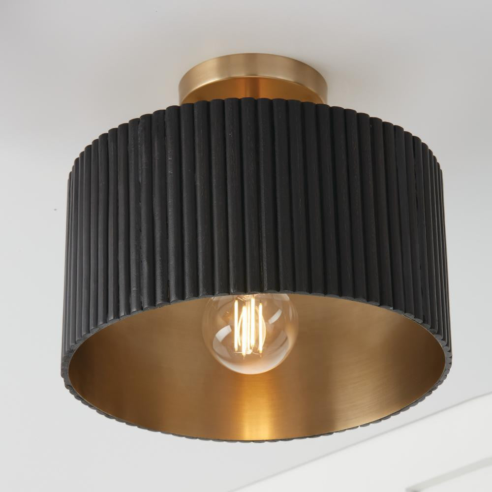 Capital 1-Light Semi-Flush Pendant in Matte Brass and Handcrafted Mango Wood in Black Stain