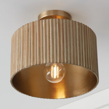 Capital 1-Light Semi-Flush Pendant in Matte Brass and Handcrafted Mango Wood in White Wash