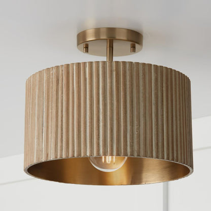 Capital 1-Light Semi-Flush Pendant in Matte Brass and Handcrafted Mango Wood in White Wash