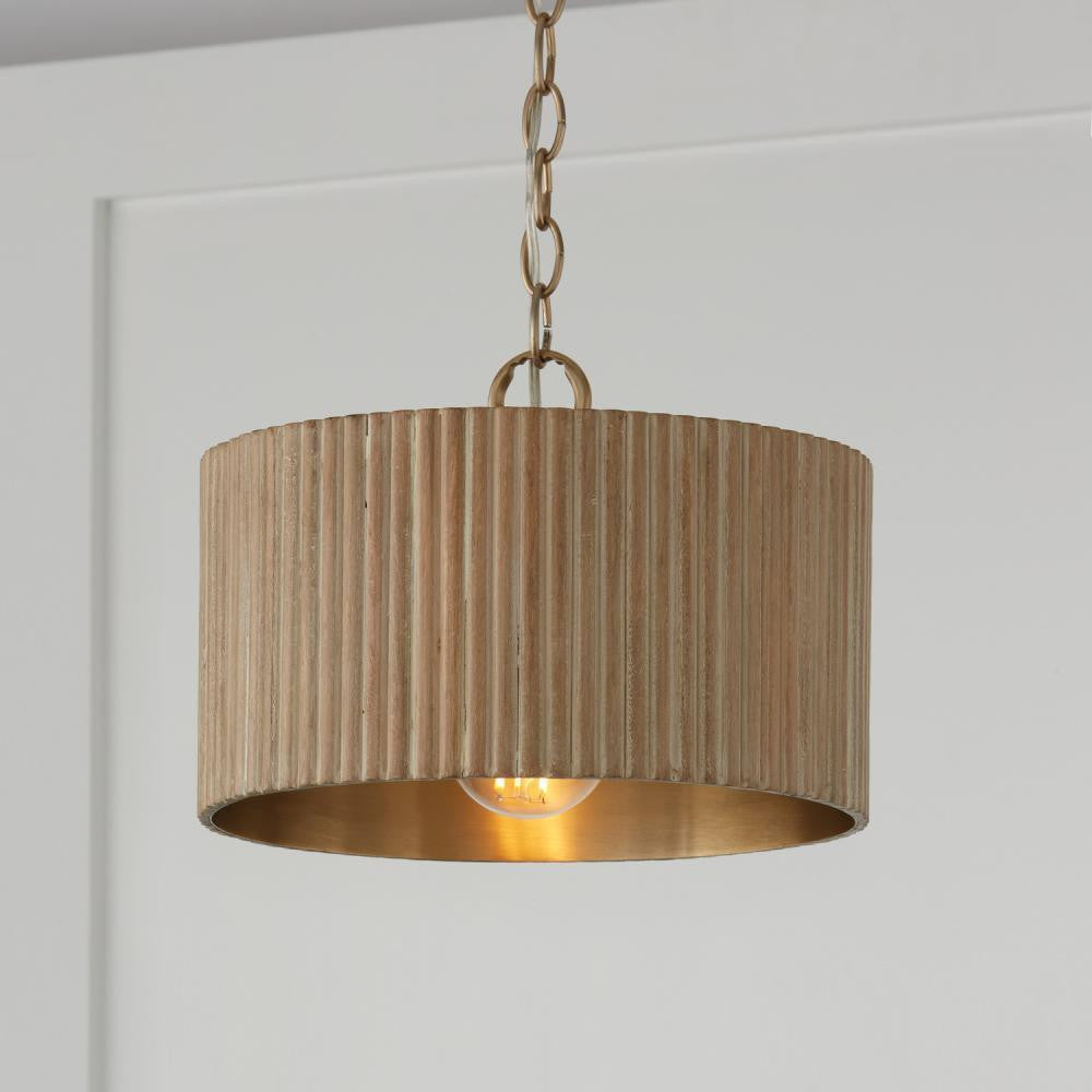 Capital 1-Light Semi-Flush Pendant in Matte Brass and Handcrafted Mango Wood in White Wash
