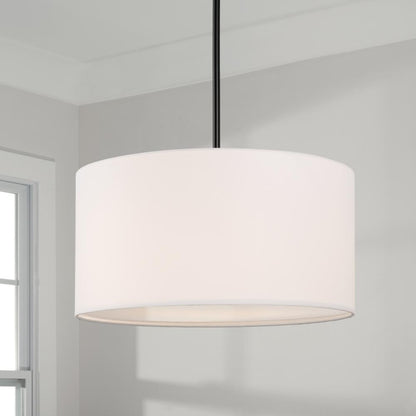 Capital 18" W x 9" H 3-Light Pendant in Matte Black with White Fabric Drum Shade and Acrylic Diffuse