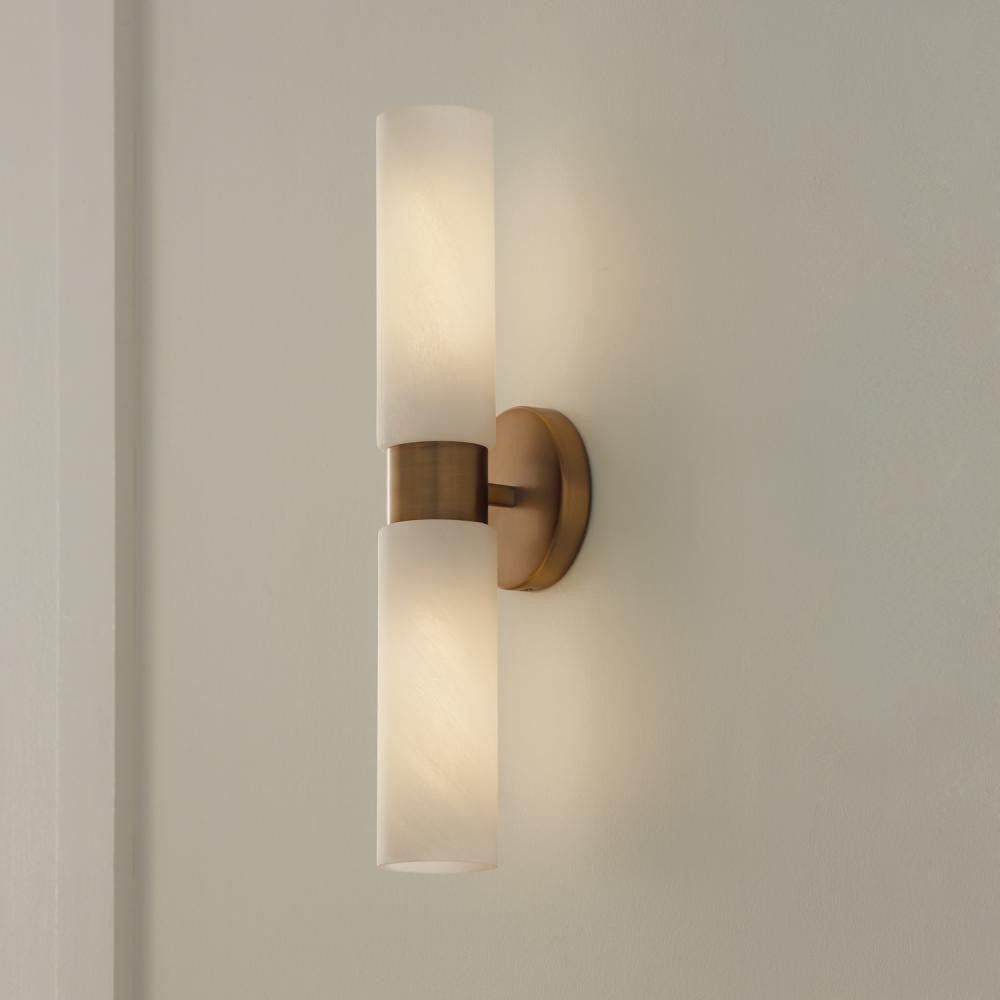 Capital 2-Light Cylindrical Linear Bath Bar Sconce in Aged Brass with Faux Alabaster Glass
