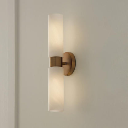 Capital 2-Light Cylindrical Linear Bath Bar Sconce in Aged Brass with Faux Alabaster Glass