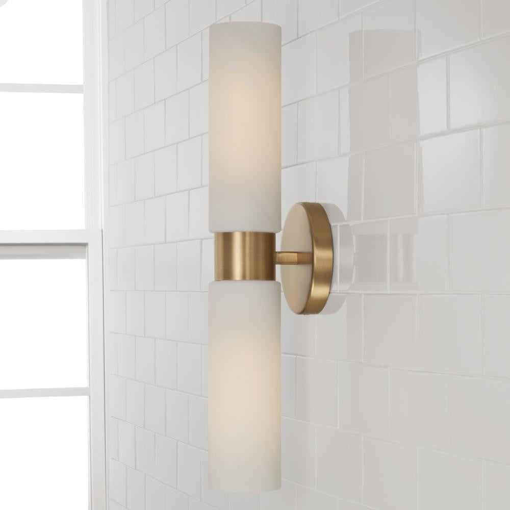 Capital 2-Light Cylindrical Linear Bath Bar Sconce in Aged Brass with Faux Alabaster Glass