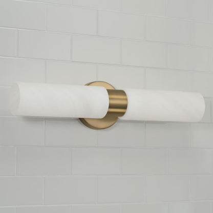 Capital 2-Light Cylindrical Linear Bath Bar Sconce in Aged Brass with Faux Alabaster Glass