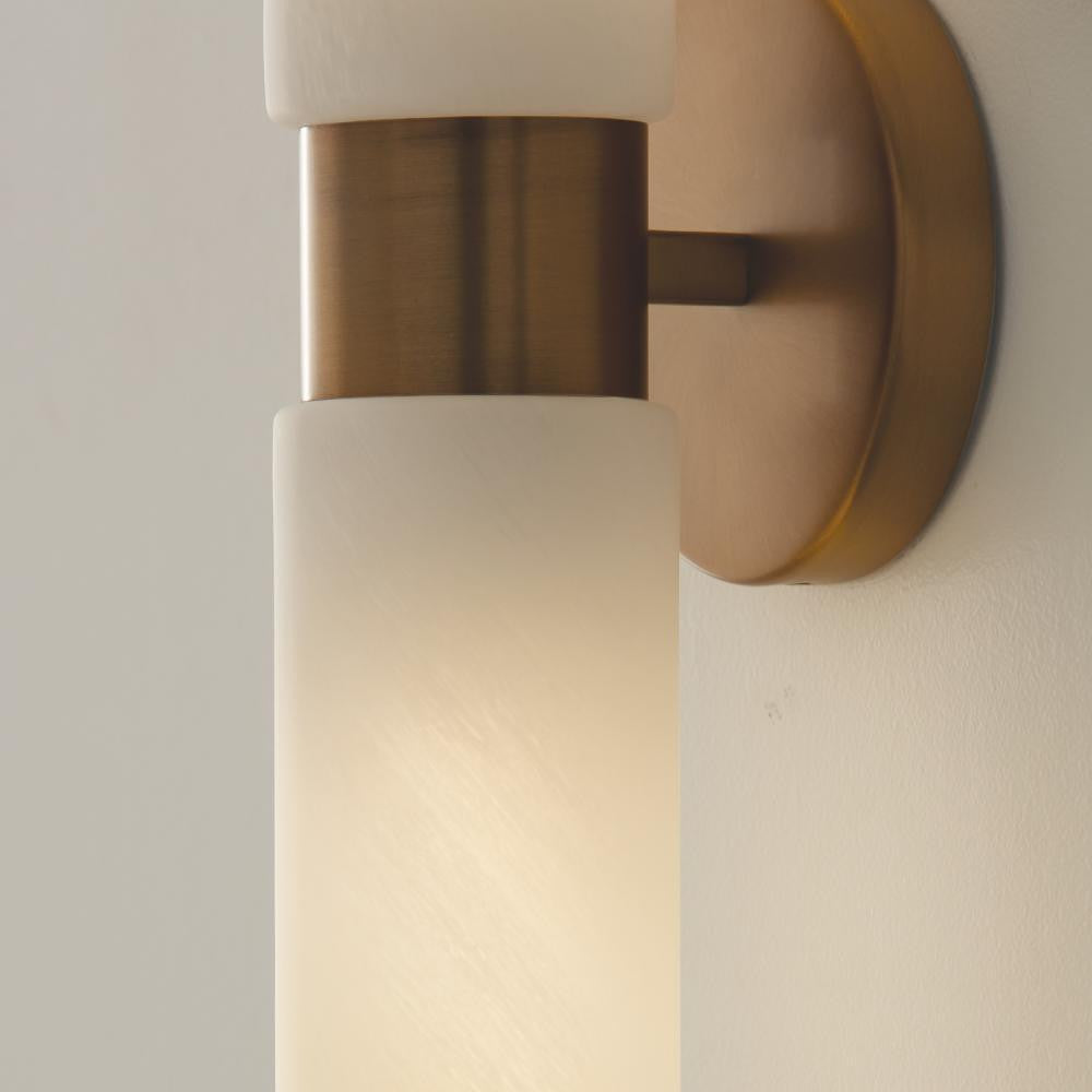 Capital 2-Light Cylindrical Linear Bath Bar Sconce in Aged Brass with Faux Alabaster Glass