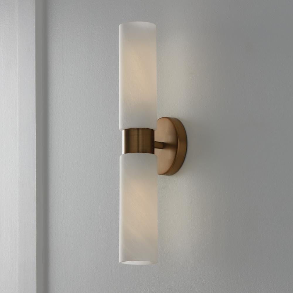 Capital 2-Light Cylindrical Linear Bath Bar Sconce in Aged Brass with Faux Alabaster Glass