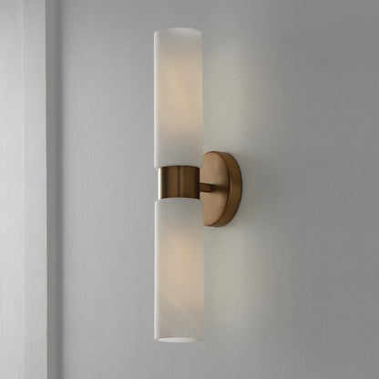 Capital 2-Light Cylindrical Linear Bath Bar Sconce in Aged Brass with Faux Alabaster Glass