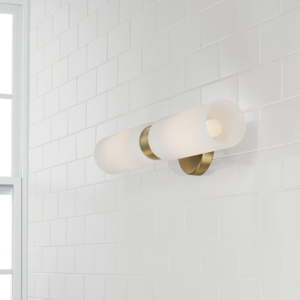 Capital 2-Light Cylindrical Linear Bath Bar Sconce in Aged Brass with Faux Alabaster Glass