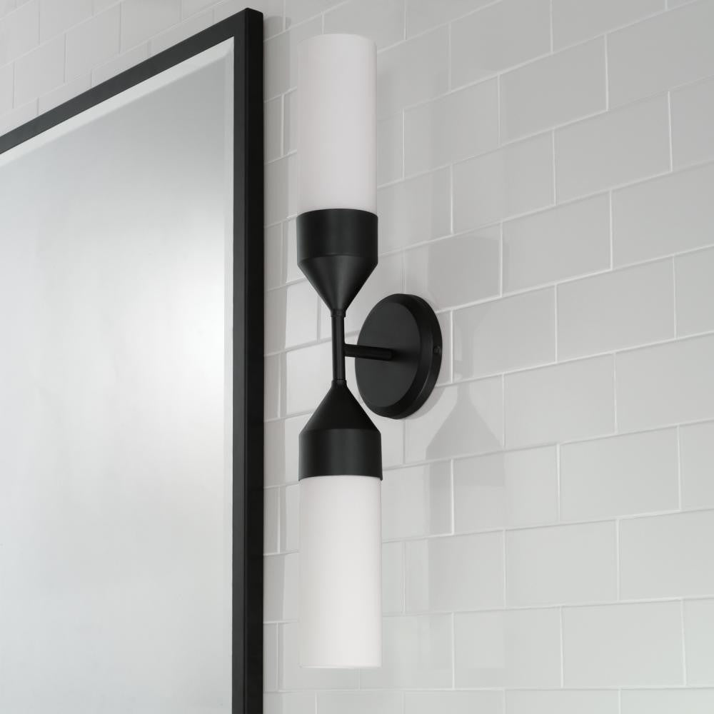 Capital 2-Light Cylindrical Sconce in Matte Black with Soft White Glass