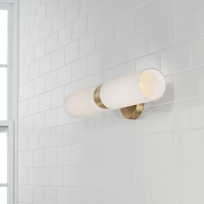 Capital 2-Light Dual Linear Sconce Bath Bar in Aged Brass with Soft White Glass