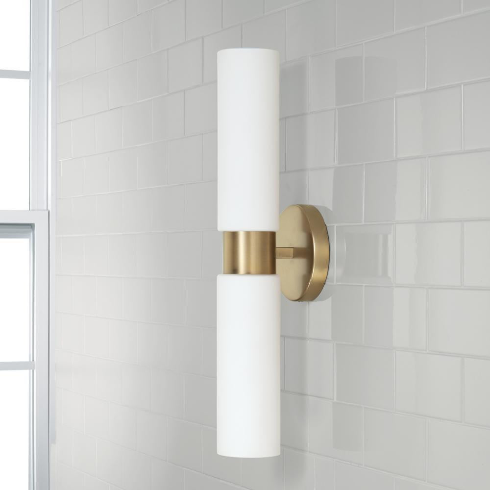 Capital 2-Light Dual Linear Sconce Bath Bar in Aged Brass with Soft White Glass