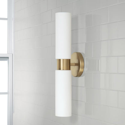 Capital 2-Light Dual Linear Sconce Bath Bar in Aged Brass with Soft White Glass
