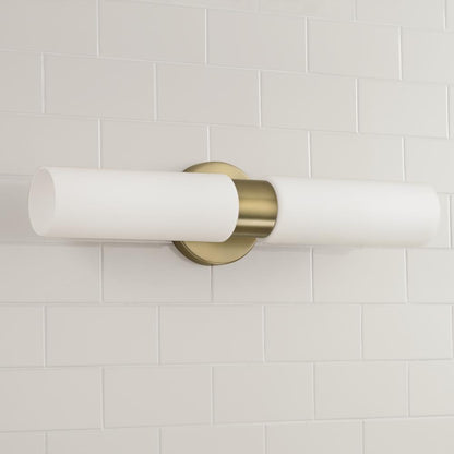 Capital 2-Light Dual Linear Sconce Bath Bar in Aged Brass with Soft White Glass