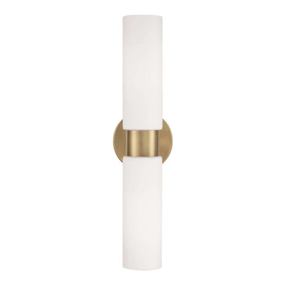 Capital 2-Light Dual Linear Sconce Bath Bar in Aged Brass with Soft White Glass