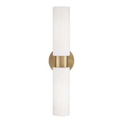 Capital 2-Light Dual Linear Sconce Bath Bar in Aged Brass with Soft White Glass