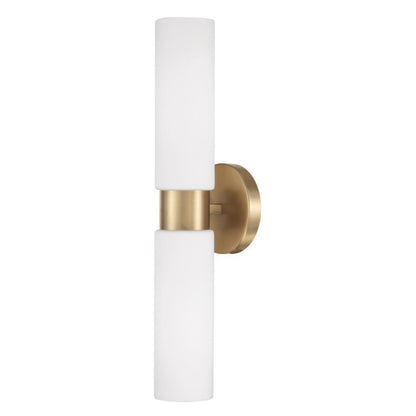 Capital 2-Light Dual Linear Sconce Bath Bar in Aged Brass with Soft White Glass