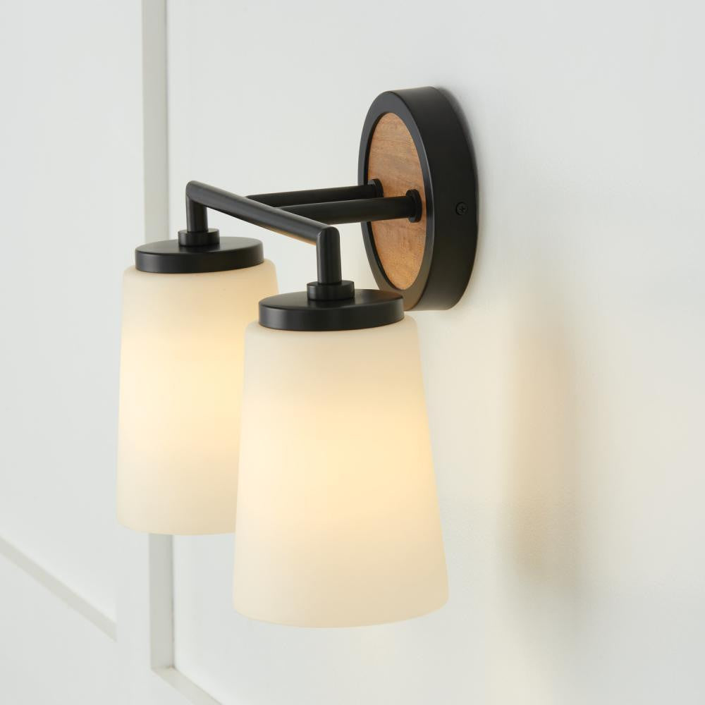 Capital 2-Light Vanity in Matte Black and Mango Wood with Soft White Glass