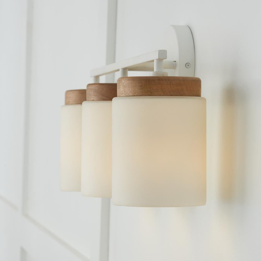Capital 3-Light Cylindrical Vanity in White with Mango Wood and Soft White Glass