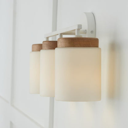 Capital 3-Light Cylindrical Vanity in White with Mango Wood and Soft White Glass