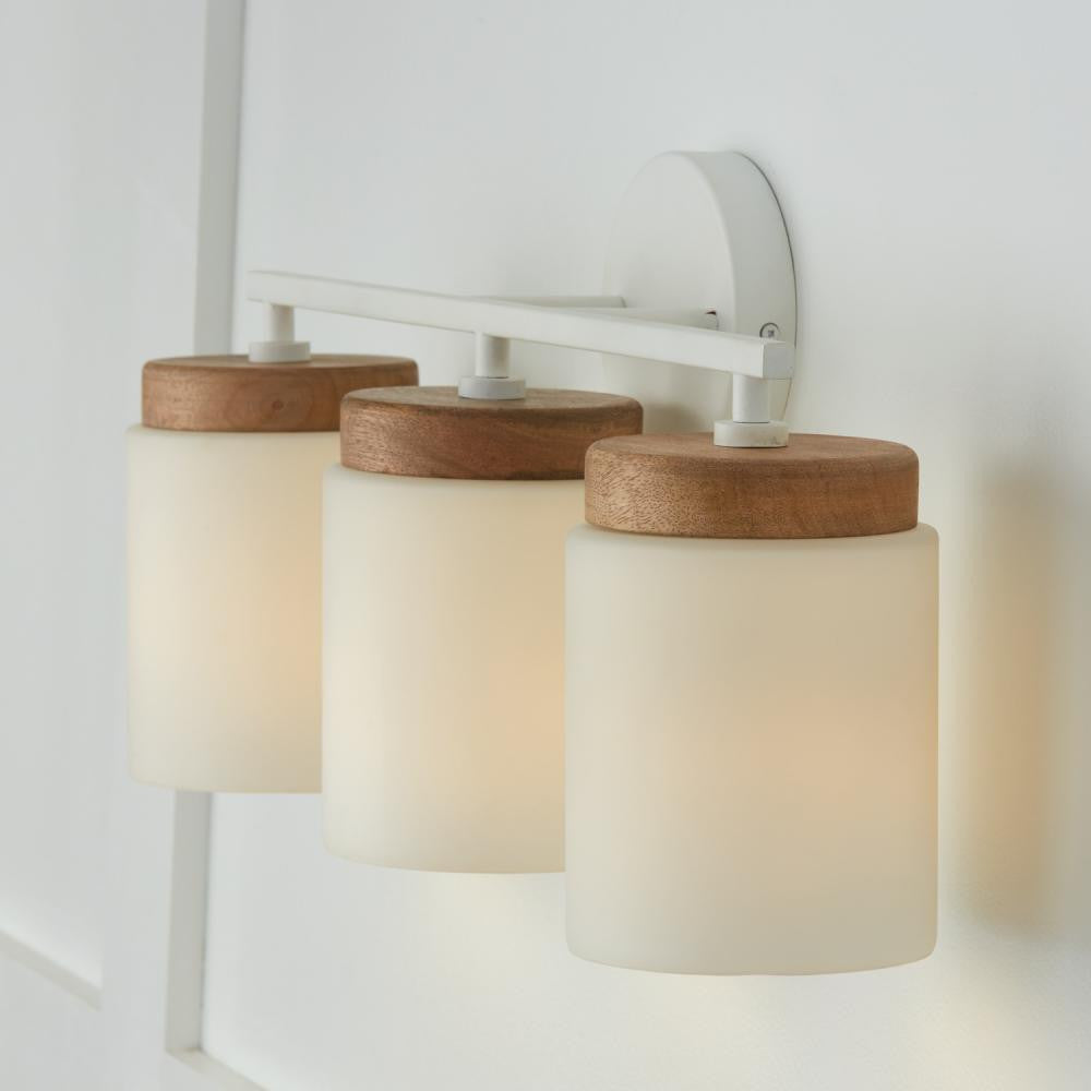 Capital 3-Light Cylindrical Vanity in White with Mango Wood and Soft White Glass