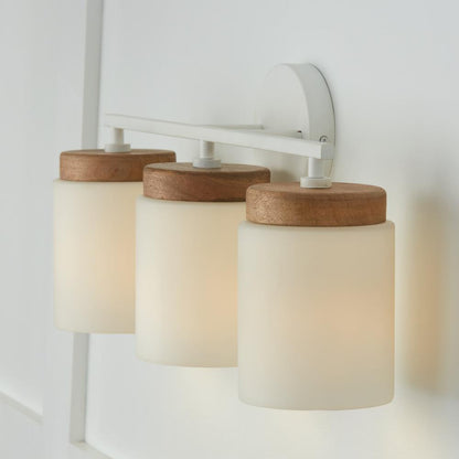 Capital 3-Light Cylindrical Vanity in White with Mango Wood and Soft White Glass