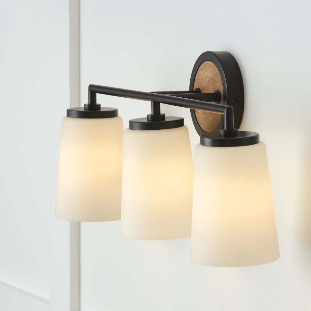 Capital 3-Light Vanity in Matte Black and Mango Wood with Soft White Glass