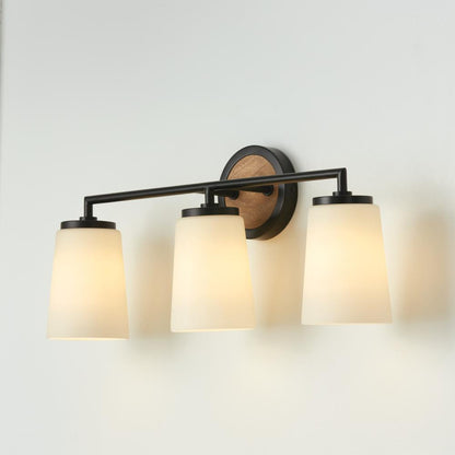 Capital 3-Light Vanity in Matte Black and Mango Wood with Soft White Glass