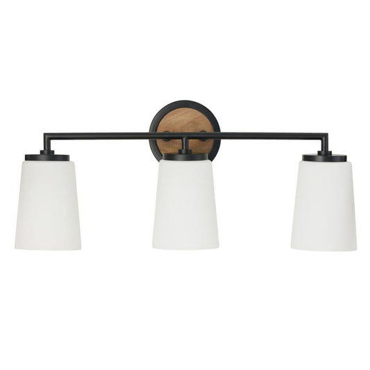 Capital 3-Light Vanity in Matte Black and Mango Wood with Soft White Glass