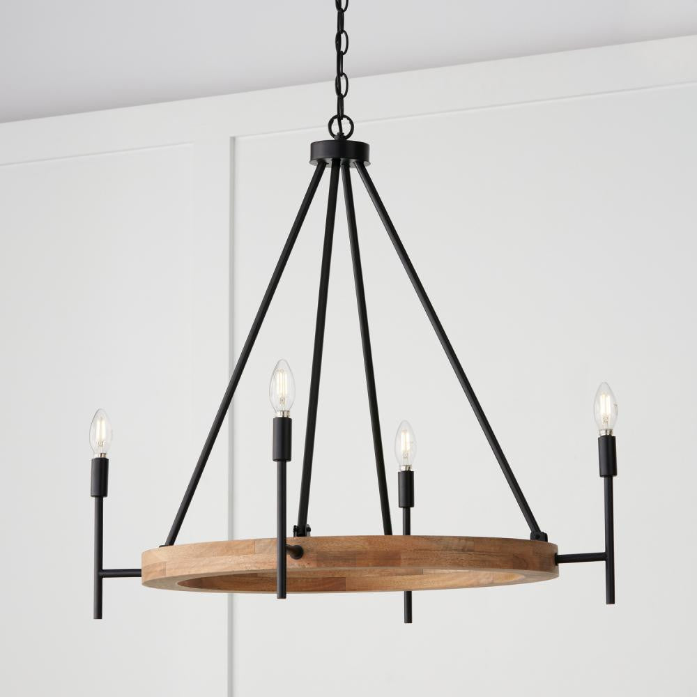 Capital 4-Light Chandelier in Matte Black and Mango Wood with Removable White Fabric Shades