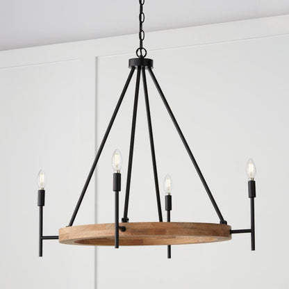 Capital 4-Light Chandelier in Matte Black and Mango Wood with Removable White Fabric Shades