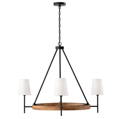Capital 4-Light Chandelier in Matte Black and Mango Wood with Removable White Fabric Shades