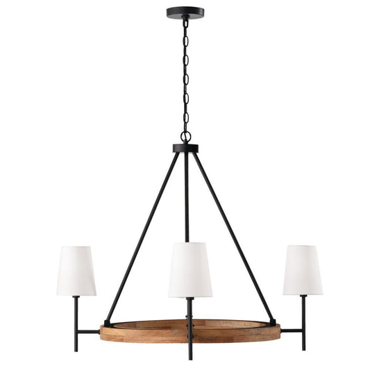Capital 4-Light Chandelier in Matte Black and Mango Wood with Removable White Fabric Shades