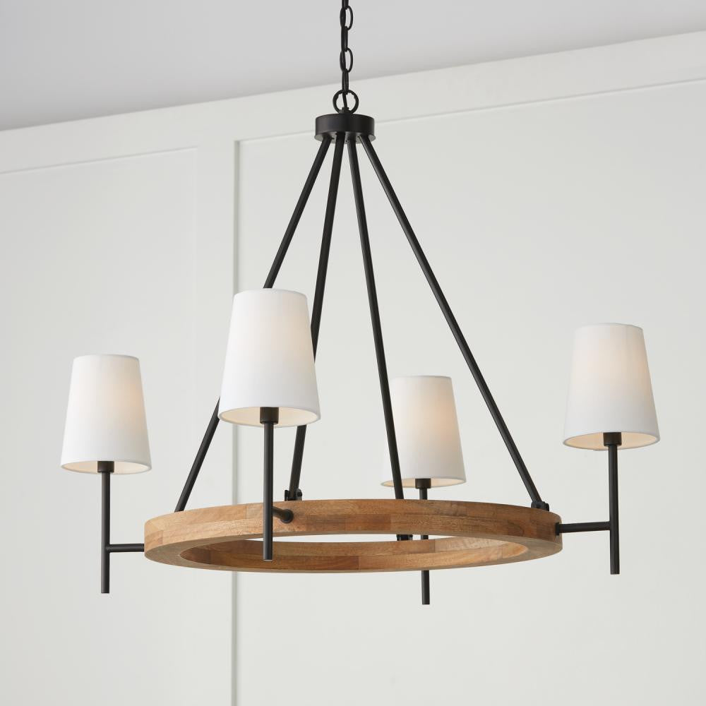 Capital 4-Light Chandelier in Matte Black and Mango Wood with Removable White Fabric Shades