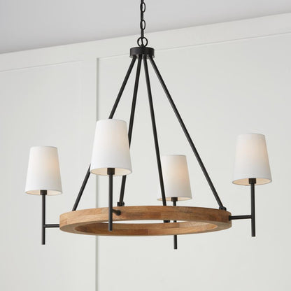 Capital 4-Light Chandelier in Matte Black and Mango Wood with Removable White Fabric Shades