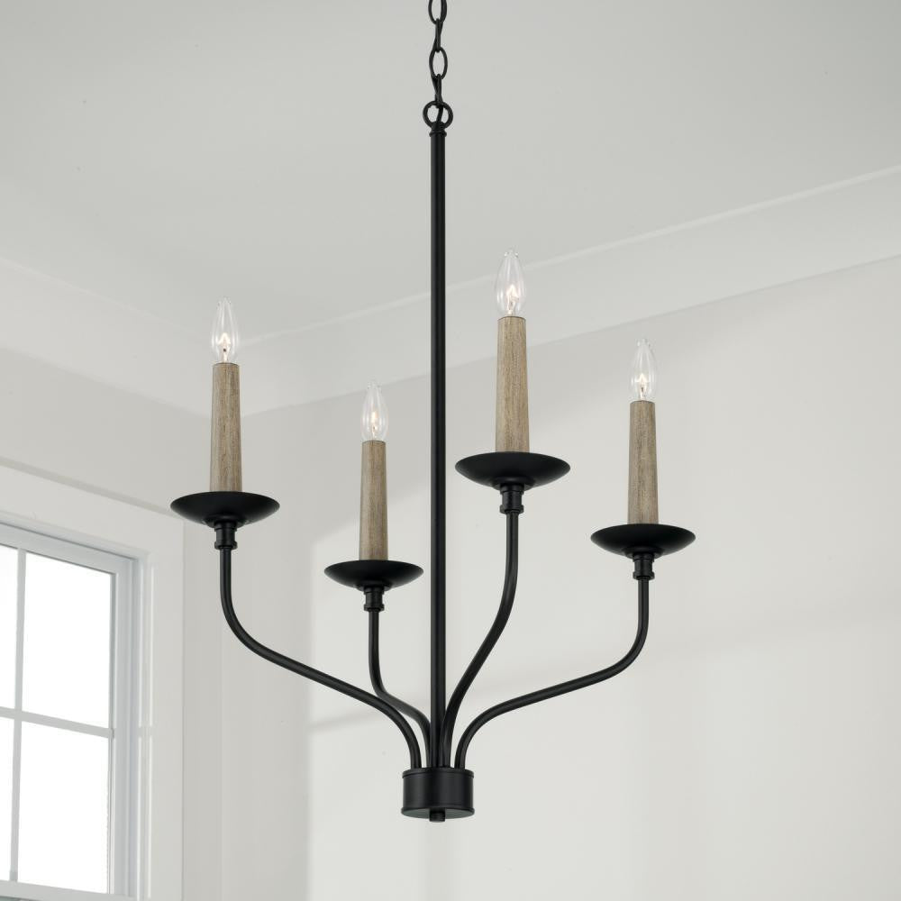 Capital 4-Light Chandelier in Matte Black with Interchangeable Faux Wood or Matte Black Candle Sleeves