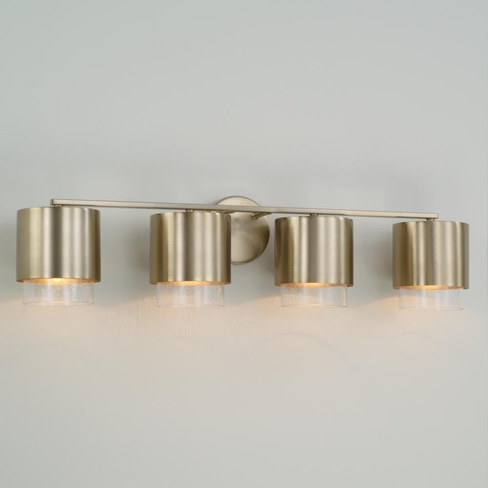 Capital 4-Light Cylindrical Metal Vanity in Matte Brass with Seeded Glass