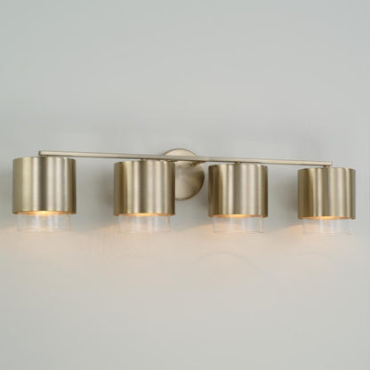 Capital 4-Light Cylindrical Metal Vanity in Matte Brass with Seeded Glass
