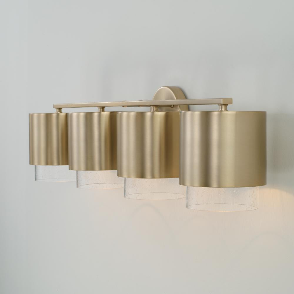 Capital 4-Light Cylindrical Metal Vanity in Matte Brass with Seeded Glass