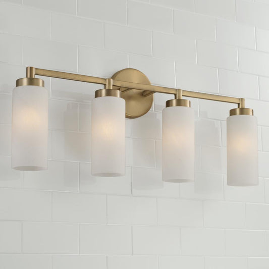 Capital 4-Light Cylindrical Vanity in Aged Brass with Faux Alabaster Glass