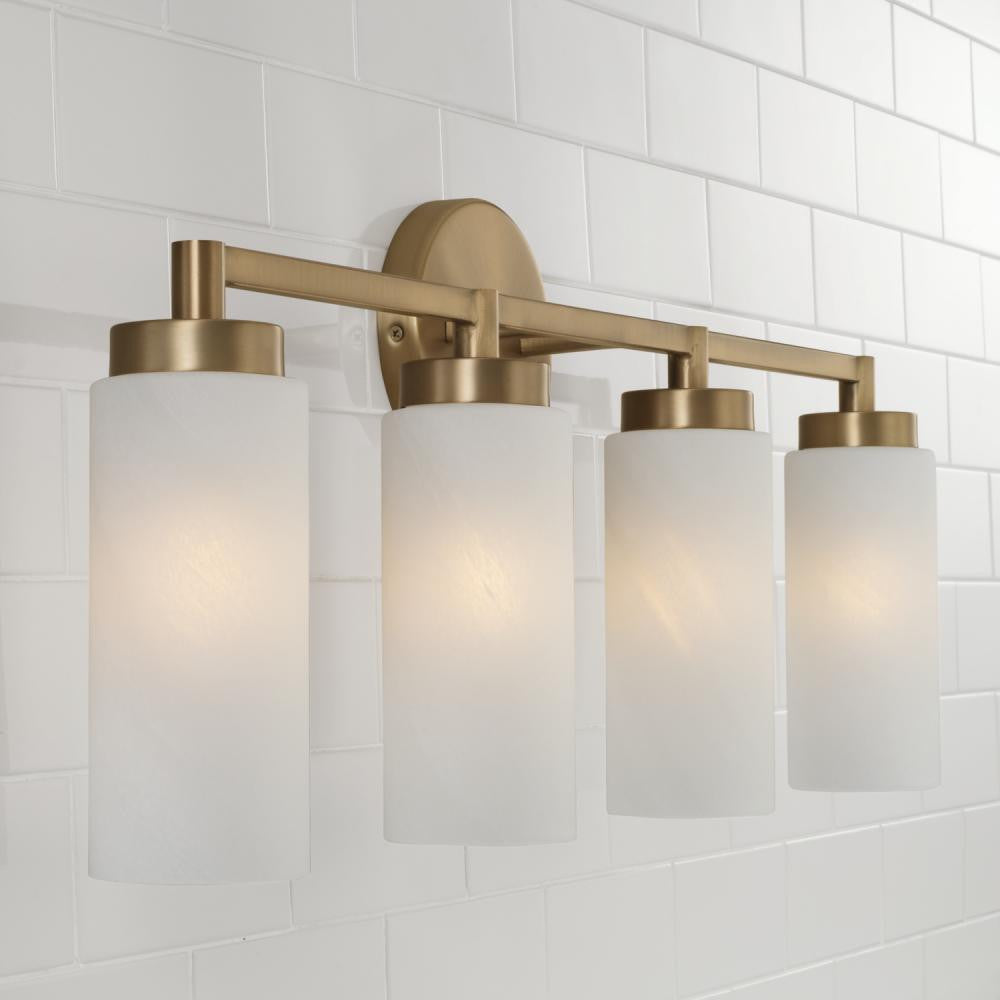 Capital 4-Light Cylindrical Vanity in Aged Brass with Faux Alabaster Glass