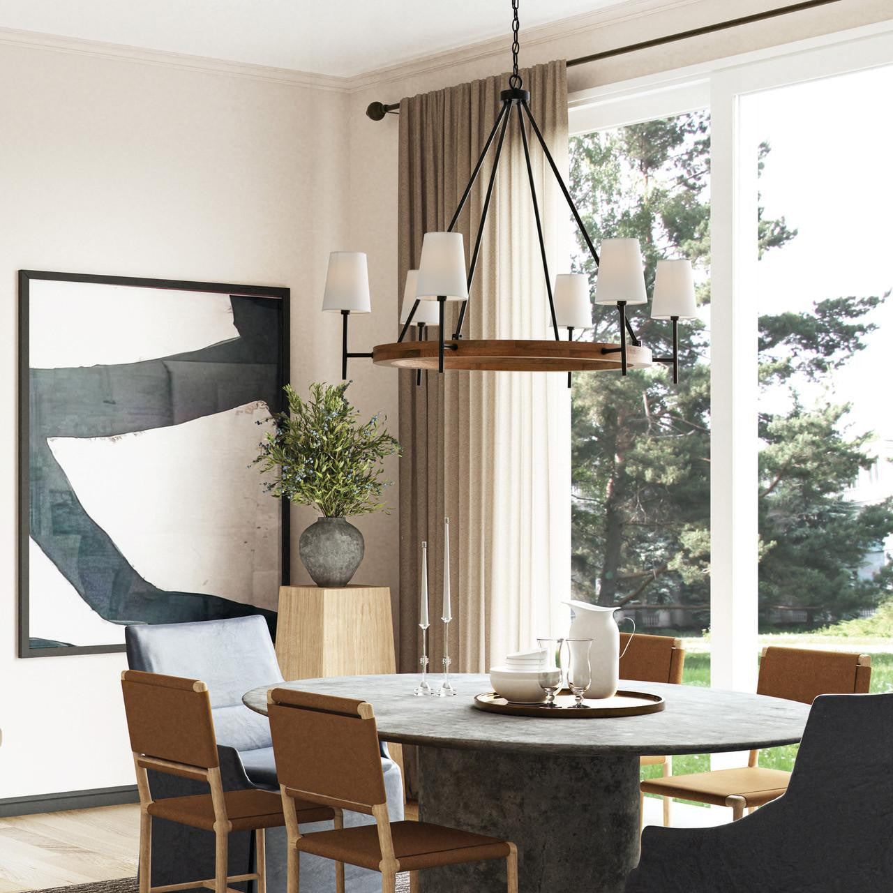Capital 6-Light Chandelier in Matte Black and Mango Wood with Removable White Fabric Shades