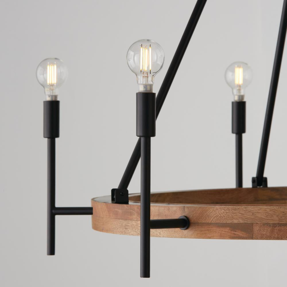 Capital 6-Light Chandelier in Matte Black and Mango Wood with Removable White Fabric Shades