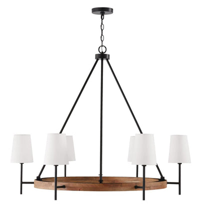 Capital 6-Light Chandelier in Matte Black and Mango Wood with Removable White Fabric Shades