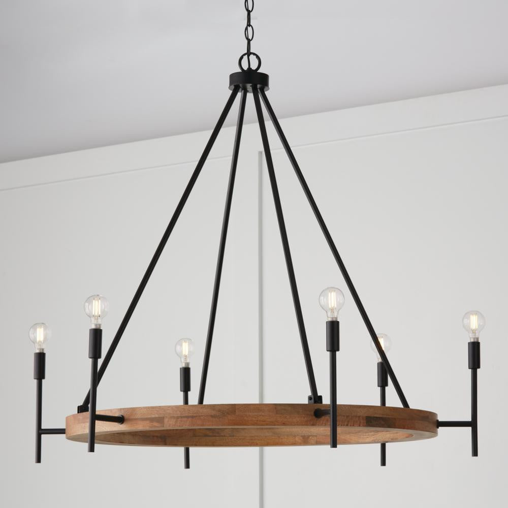 Capital 6-Light Chandelier in Matte Black and Mango Wood with Removable White Fabric Shades