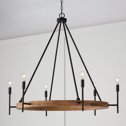 Capital 6-Light Chandelier in Matte Black and Mango Wood with Removable White Fabric Shades