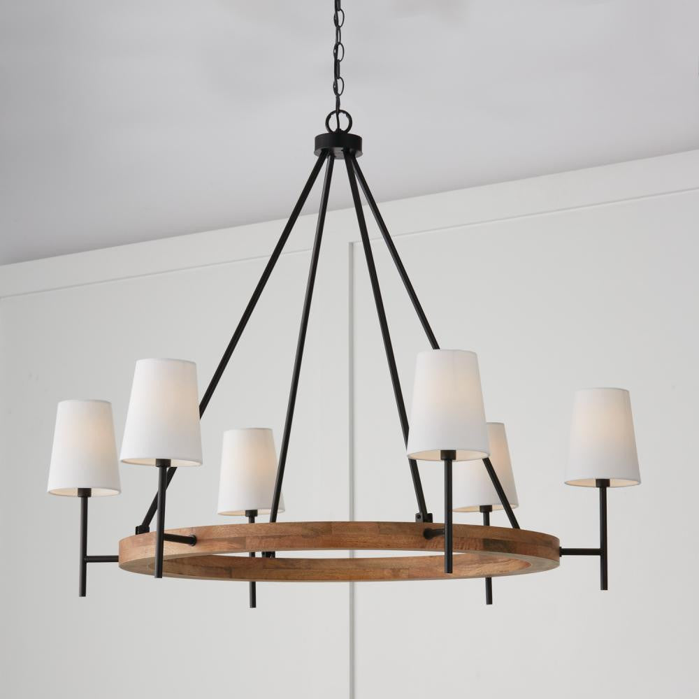 Capital 6-Light Chandelier in Matte Black and Mango Wood with Removable White Fabric Shades