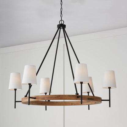 Capital 6-Light Chandelier in Matte Black and Mango Wood with Removable White Fabric Shades